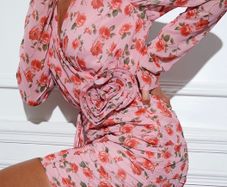 IN THE STYLE Pink Rose Printed Chiffon Wrap Mini Dress With Rose Corsage Size 8!