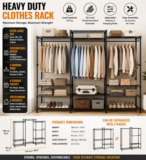 Heavy Duty Clothes Rack with 4 Hanging Rails 363 kg Open Wardrobe Storage