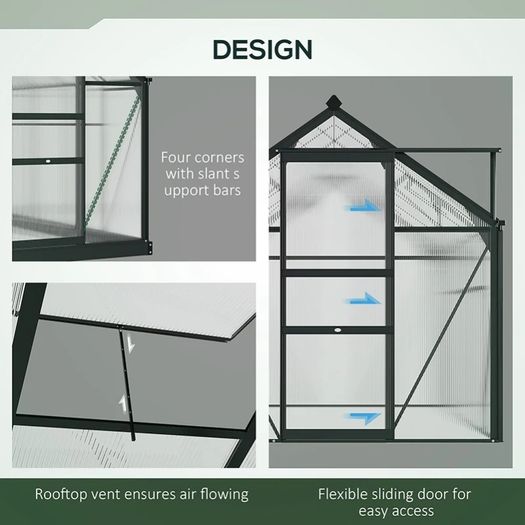 6 x 6ft Polycarbonate Greenhouse, Large Walk-In Green House with Slide Door and Window, Garden Plants Grow House with Aluminium Frame and Foundation, Grey