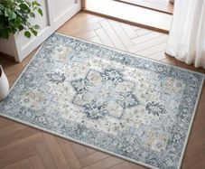 Small Machine Washable Rugs 60x90cm, Non-Slip Door Mat Vintage Bedside Rug, Boho Area Rugs, Low Pile, Non-Shedding, Traditional Oriental Printed Design, Entrance, Entryway, Corridor, Lake Blue