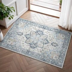 Small Machine Washable Rugs 60x90cm, Non-Slip Door Mat Vintage Bedside Rug, Boho Area Rugs, Low Pile, Non-Shedding, Traditional Oriental Printed Design, Entrance, Entryway, Corridor, Lake Blue