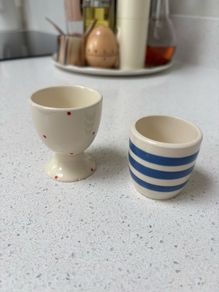 Set of 2 Ceramic Egg Cups Red Polka Dot & Blue Striped
