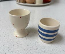 Set of 2 Ceramic Egg Cups Red Polka Dot & Blue Striped