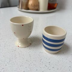 Set of 2 Ceramic Egg Cups Red Polka Dot & Blue Striped