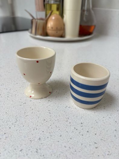 Set of 2 Ceramic Egg Cups Red Polka Dot & Blue Striped