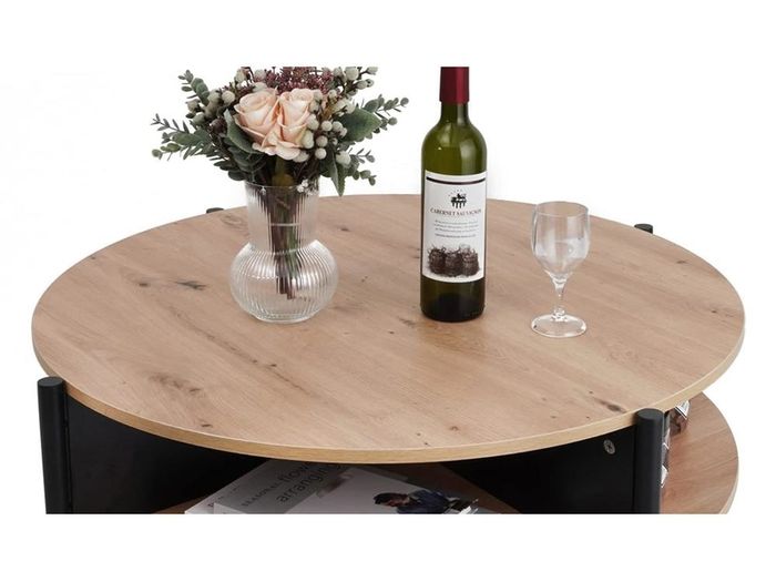 Wood Round Coffee Table with 2 Tier Storage Partitioned Shelf Industrial Modern Design Sofa Table for Living Room
