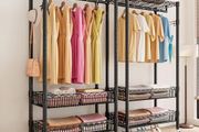 Clothes Rails with Wheels, Heavy Duty Clothing Rail Garment Rack Coat Rails Racks on Wheels, Stand Garment Coat Rack with Hanging Rods, Adjustable Storage Baskets and Hooks