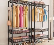 Clothes Rails with Wheels, Heavy Duty Clothing Rail Garment Rack Coat Rails Racks on Wheels, Stand Garment Coat Rack with Hanging Rods, Adjustable Storage Baskets and Hooks