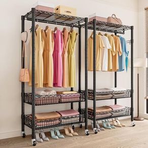 Clothes Rails with Wheels, Heavy Duty Clothing Rail Garment Rack Coat Rails Racks on Wheels, Stand Garment Coat Rack with Hanging Rods, Adjustable Storage Baskets and Hooks