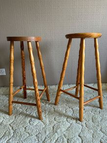 Pair of Tall Solid Pine Wooden Bar Stools