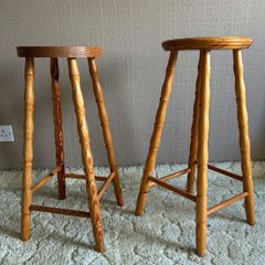 Pair of Tall Solid Pine Wooden Bar Stools