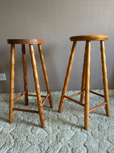Pair of Tall Solid Pine Wooden Bar Stools