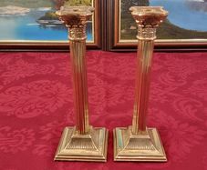 Pair Antique And Shiny Solid Brass Art Deco Ornate Corinthian Column Candlestick Holder
