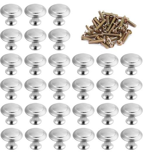 30Pcs Cabinet Door Knobs Round Mushroom Shape Pull Handle Drawer Knobs Silver Kitchen Cupboard Knobs Chrome with Screws for Bathroom Bedroom Furniture Wardrobe 30MM (FREE POSTAGE)