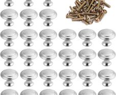 30Pcs Cabinet Door Knobs Round Mushroom Shape Pull Handle Drawer Knobs Silver Kitchen Cupboard Knobs Chrome with Screws for Bathroom Bedroom Furniture Wardrobe 30MM (FREE POSTAGE)