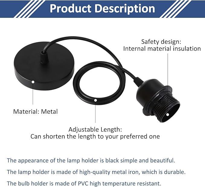 2 Pack Ceiling Pendant Light Fitting, E27 Lamp Holder, with Lock Ring for Shade, with 100CM Adjustable Cable, Flex Cable Ceiling Rose, Industrial Style Ceiling Pendant Fitting(Black)