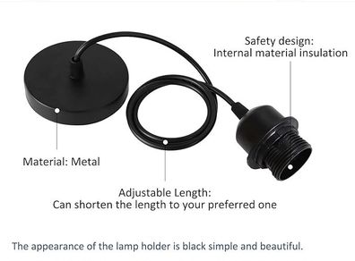 2 Pack Ceiling Pendant Light Fitting, E27 Lamp Holder, with Lock Ring for Shade, with 100CM Adjustable Cable, Flex Cable Ceiling Rose, Industrial Style Ceiling Pendant Fitting(Black)