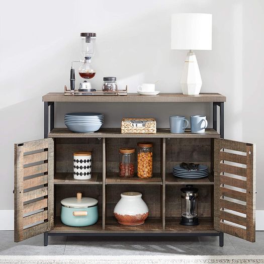 _Sideboard, side cabinet, kitchen cabinet with open shelves, hall cabinet, chest of drawers with lamellar doors, living room, dining room, office, hallway, industrial design, pale