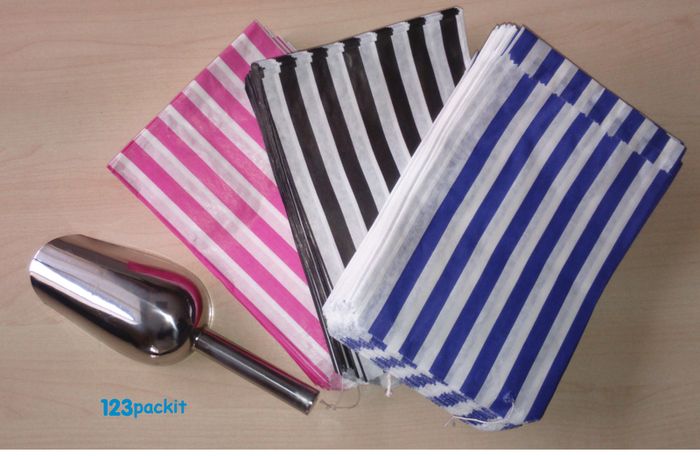 Job Lot 300 candy bags stripe bags + stainless steel scoop deal for candy weddings parties candy cart shop small retails and sweet shops SIZE 5x7 inches eco friendly
