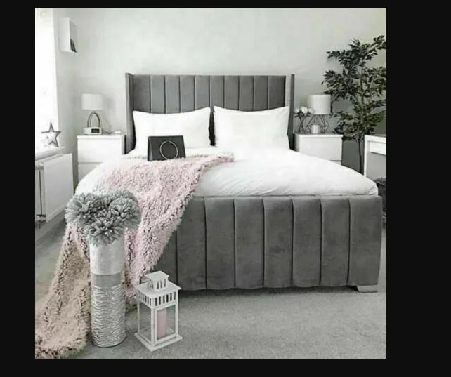 Ottoman Winged Panel Plush Velvet Upholstered Bed Frame Double & King Size Bed