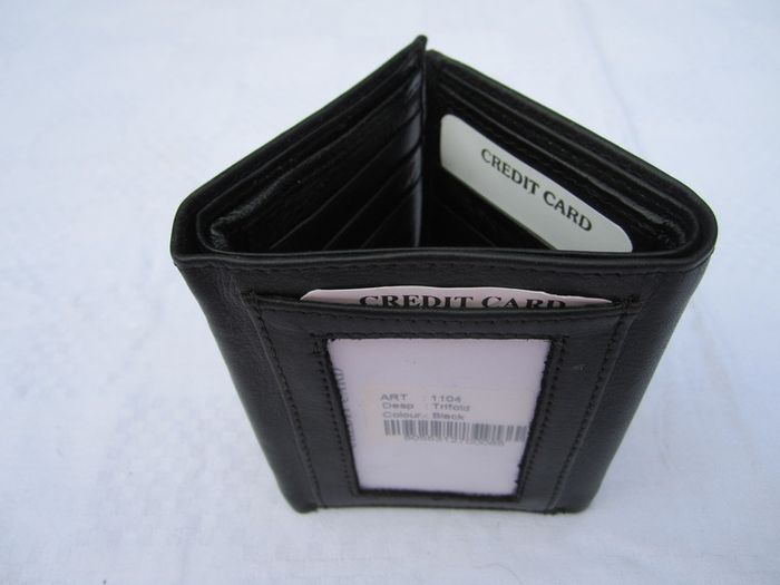 Black Quality Full Leather Trifold Credit Card & Photo Holder Wallet 1104