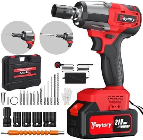 Cordless Impact Wrench,1/2" Brushless Power Impact Gun,2500RPM Electric Wrench, Max Torque 550N.m with 4 Sockets, 12PCS Screwdriver Bits, 4.0Ah Battery & Carry Box for Car Home