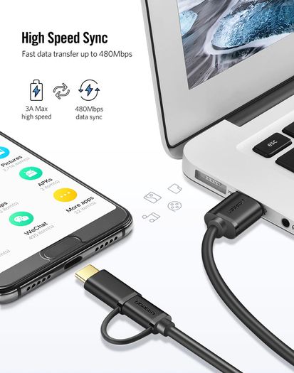 Ugreen 1M 2-in-1 (USB-C & Micro USB) QC 3.0 Fast Charger & Data Sync Gold Plated Cable (Brand New/Warranty)
