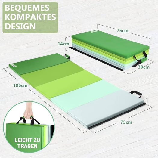 5-Panel Folding Gymnastics Tumbling Mat with Carrying Handles 195 x 75 x 2.8, Thick Exercise Mat, Foldable Tumbling Mat for Kids, Padding for MMA, Gymnastics, Activity Play and Home Gym