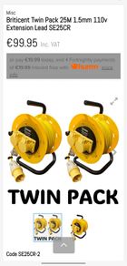 Twin Pack 25M 1.5mm 110v Extension Lead