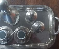 Antique stainless steel and glass French coffee set with tray