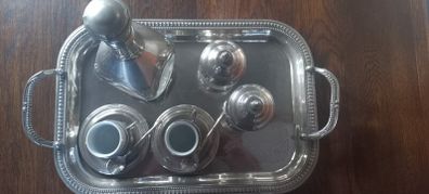 Antique stainless steel and glass French coffee set with tray