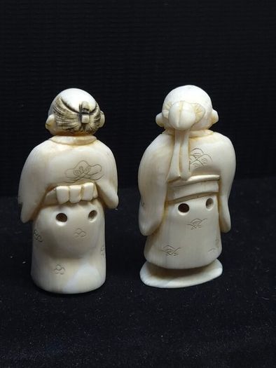 Antique Chinese Hand Carved Scholar Figures Signed Pair