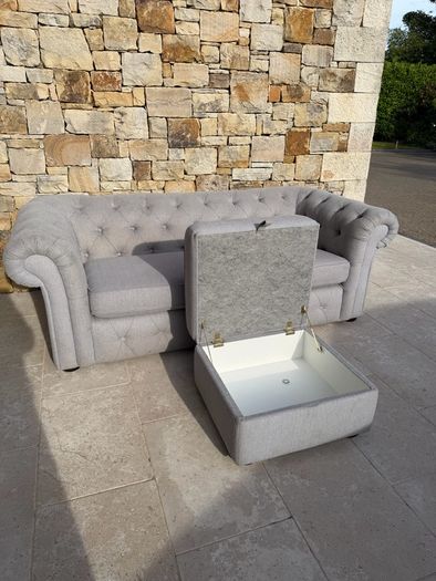 Beautiful grey chesterfield sofa & storage pouffe