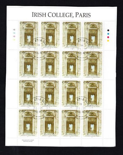 2004 Ireland Irish College, Paris Commemorative Stamp Sheetlet Plate 1B1B1B1B Fine CDS Used with Dublin cancel of 25th June 2004 (First day of issued) on envelope extract.