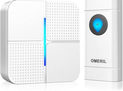 Wireless Doorbell, OMERIL IP55 Waterproof Door Bell Chime Kit with 1000ft Range, 52 Chimes, 4-Level Volume & Blue Light, Plug in Doorbells Wireless Cordless for Home, Office -Batteries Included