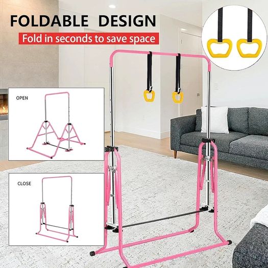 Gymnastics Bar for Kids, Junior Training Kip Horizontal Bar Gymnastics Equipment for Home, Adjustable Telescopic Height Folding Horizontal Bar with Gymnastic Rings for 3-12 Years Old Kids