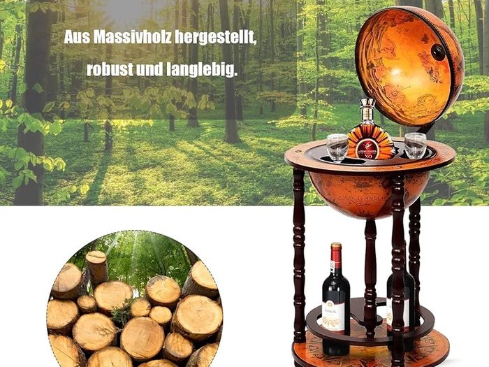 Globe Bar, Globe Bar Made of Eucalyptus, World Globe Bar Trolley with Wheels, Retro Home Bar, Mini Bar for Wine Glasses and Wine Bottles (Brown)