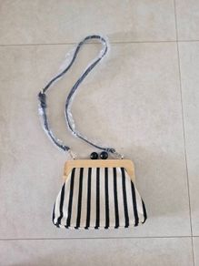 Zara Canvas Striped Wooden Clutch Bag in cream/black