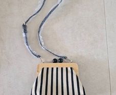 Zara Canvas Striped Wooden Clutch Bag in cream/black