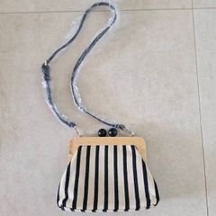 Zara Canvas Striped Wooden Clutch Bag in cream/black