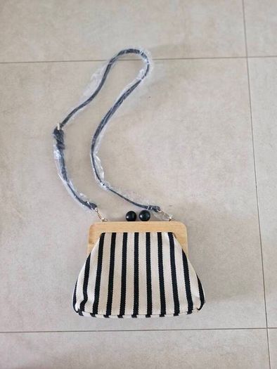 Zara Canvas Striped Wooden Clutch Bag in cream/black