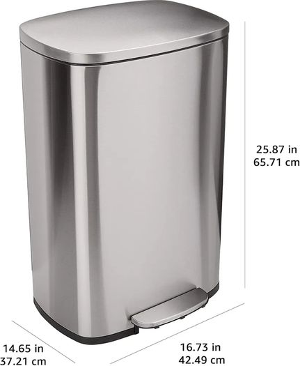 Rectangular Kitchen Pedal Bin with Steel Bar Pedal, Soft-Closing Mechanism, Brushed Stainless Steel, 50 L