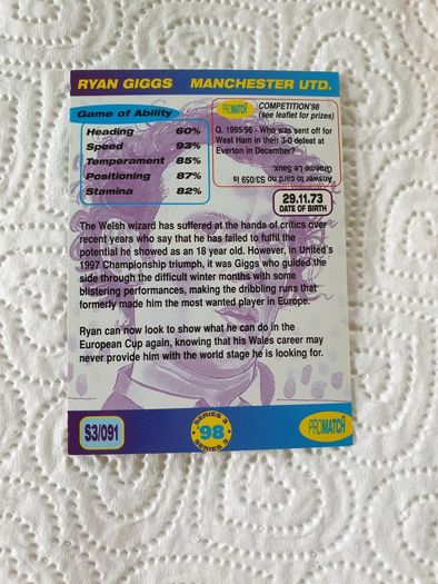 Ryan Giggs Manchester United Football Trading Card 1998 to 1999