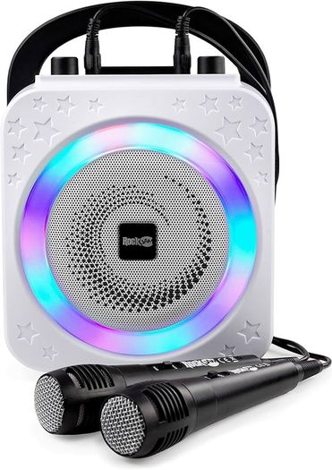 NEW SALE | 8-Watt Rechargeable Bluetooth Karaoke Machine with Two Microphones, Voice Changing Effects & LED Lights
