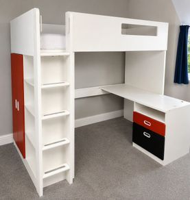 loft bed with desk, wardrobe and mattress
