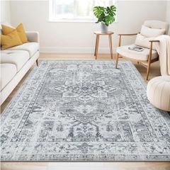 Washable Rugs Living Room Area Rugs Grey Vintage Boho Rug Large Non Slip Carpet Moroccan Rugs Short Pile Rug for Bedroom Dining Room Kitchen Soft Faux Wool Carpet 120x170cm