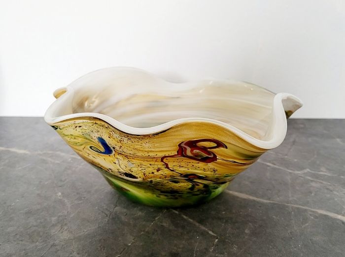 20th century blown multilayer glass hankerchief bowl