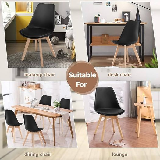 Retro Modern Dining Chairs  Lorenzo Plastic Chairs with Cushioned Pad Seat  Solid Beech Wooden Legs Side Chair for Living Room Kitchen Office Lounge Black, Pack of 2