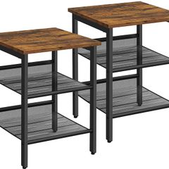 Side Tables, Set of 2, Bedside Tables, Industrial Style, with Adjustable Mesh Shelves, for Living Room, Bedroom, Hallway, Office, Stable, Rustic Brown and Black