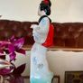 Vintage MCM Geisha Black Hair Red Obi Light Blue Pink Gold Holding a Fan 18 cm Image 6